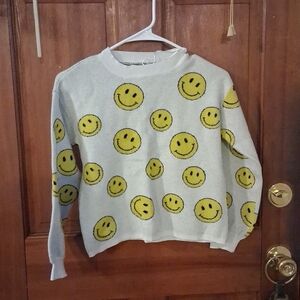 Cheerful Smiley Face Kids Sweater - Light Gray and Yellow